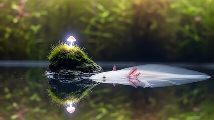 Close-up of a white betta fish swimming near a mossy underwater decoration with soft lighting and a serene aquatic environment.
