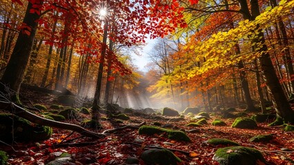 Misty autumn forest with colorful foliage and sun rays filtering through trees