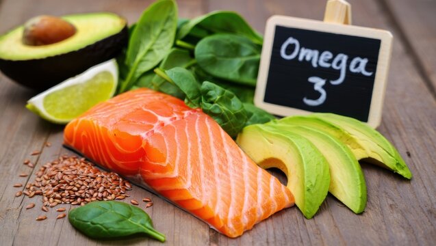 Healthy omega 3 fatty acids rich foods salmon avocado spinach flax seeds