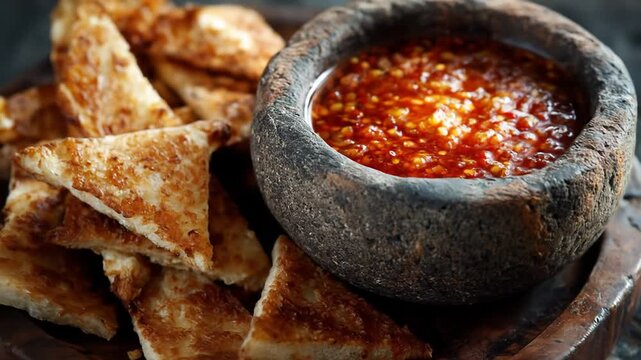 A rustic bowl of spicy dipping sauce surrounded by crispy, golden-brown bread triangles on a wooden platter, evoking a cozy dining atmosphere perfect for sharing
