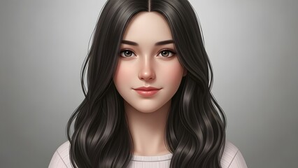 Digital portrait of a young woman with long dark hair against a gray gradient background.