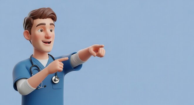 3D Cartoon Nurse Pointing, Happy Doctor, Medical Healthcare Illustration