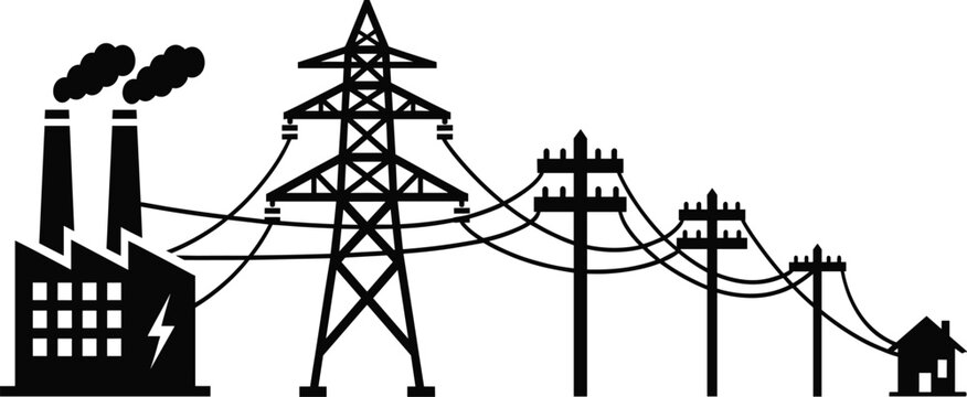 Black silhouette vector graphic illustrating the entire electricity transmission process from power plant to the residential house