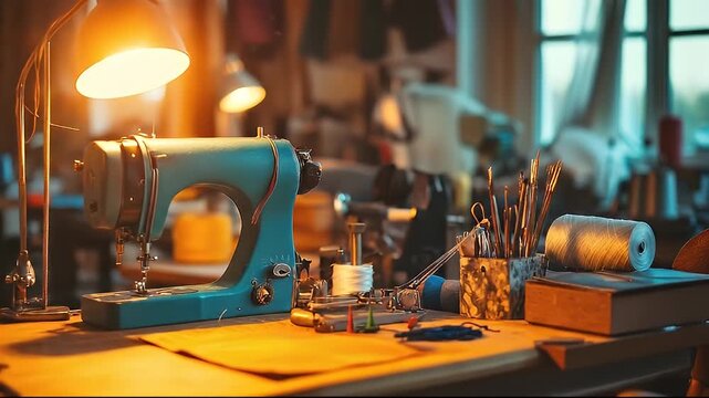Vintage Teal Sewing Machine illuminated by warm desk lamp on a cluttered workbench with spools of thread and crafting tools bathed in soft window light a cozy creative atmosphere