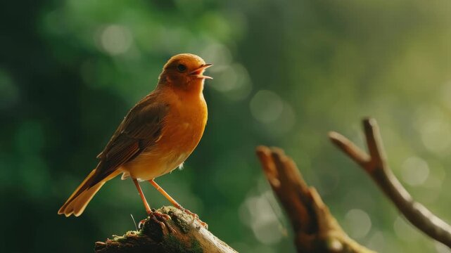 A plump bird with an orange belly and white face sitting on a twig in the sunshine.