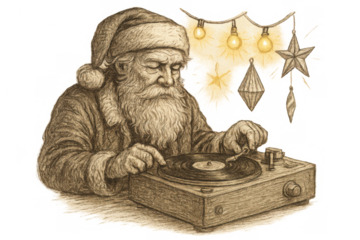 Santa claus dj playing christmas music on vintage turntable, scratching vinyl record, festive party sketch