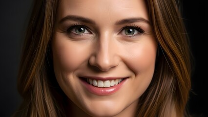 Close-up portrait of a smiling young woman with long brown hair against a dark background.