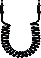 Black silhouette vector icon of a coiled audio cable or jack cord with male connectors on both ends for music technology and electronics