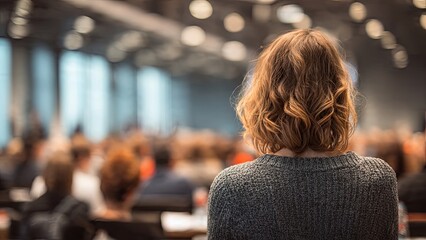 Woman facing audience in conference room event blurred background