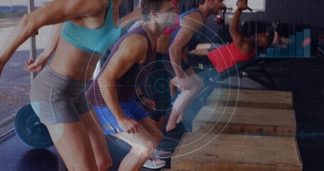 Group on instructor cue stepping onto plyo boxes and squatting for fitness, HUD tracking reps - Powered by Adobe