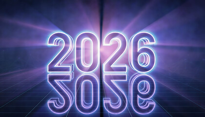 Glowing 2026 New Year Neon Sign Typography on Reflective Grid Floor with Purple Laser Beams and Smoke for Synthwave Retrowave 80s Style Party Background and Gaming Concept
