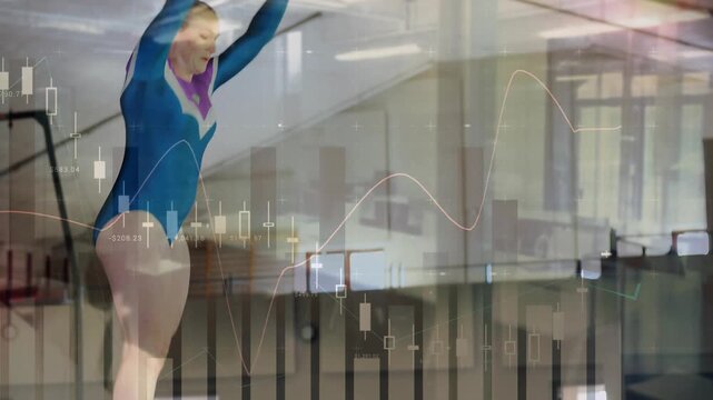 Gymnast shifting weight and initiating tuck jump on beam, finance charts overlaying scene to finish