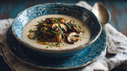 A bowl of mushroom soup in a blue bowl on a wooden table. Illustration of a food menu and recipe background.