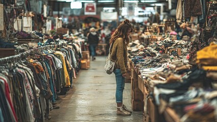Obraz premium Woman browsing vintage clothing at an indoor market with various items on display
