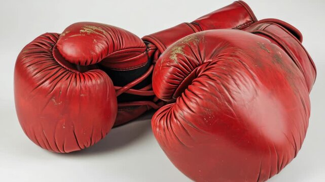 A worn pair of red boxing gloves on a white surface with visible dirt and scuff marks.