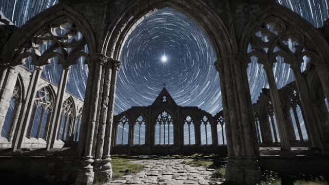 Star Trails Rotate Above Ruins of Ancient Gothic Style Abbey