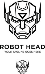Bold black line art vector logo of a geometric futuristic robot head perfect for artificial intelligence technology and engineering branding