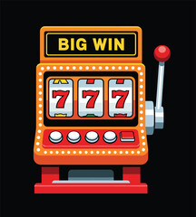 Cartoon vector illustration of a classic slot machine with three sevens jackpot and a big win sign perfect for casino and gambling themes