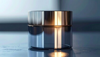 A sleek, modern glass jar with a metallic lid sits on a reflective surface, embodying a sense of luxury and advanced skincare