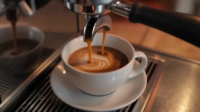 Freshly brewed espresso pouring into white ceramic cup