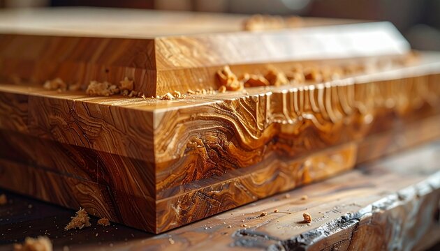 Detailed close-up of a masterfully crafted wooden surface, highlighting the intricate natural grain and rich texture, with fine wood shavings indicative of skilled artisanry and the creative process