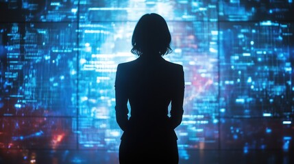 Woman silhouette in front of digital screen