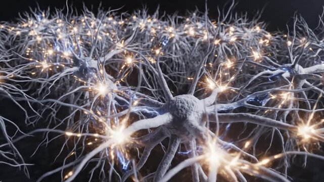 Intricate neurons glow with electric sparks, a neural network alive with synaptic light across blue
