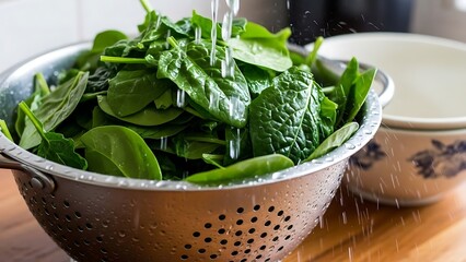 Fresh Spinach Washing in Colander Kitchen Sink