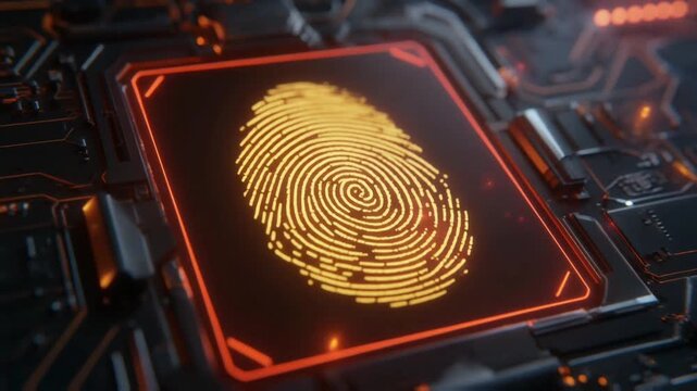 Glowing fingerprint displayed on a digital interface, symbolizing biometric security and identity verification technology.