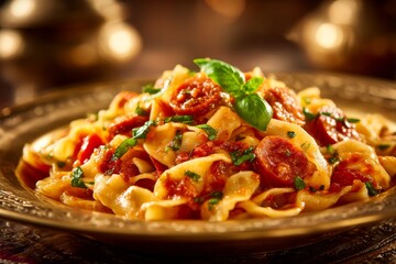 pasta with tomato sauce with sausage, tomato, green basil, served on a brass plate under