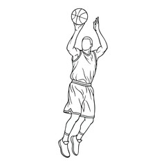 Line art illustration of a male basketball player in mid-air performing a classic jump shot