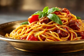pasta with tomato sauce with sausage, tomato, green basil, served on a brass plate under