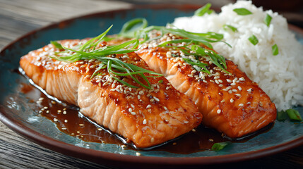A plate of grilled salmon fillet with sesame honey sauce and rice. Illustration of a menu background and recipe.