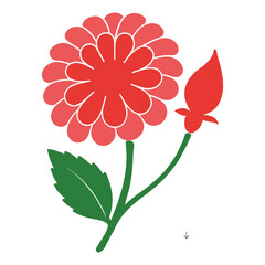Red Floral Bloom with Bud and Leaf Decorative Color Flower Vector