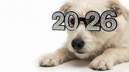 Close up of a bernese mountain dog with the year 2026 superimposed on its face