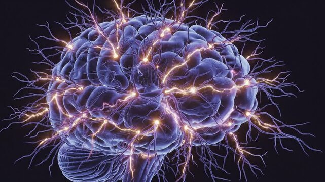 Close-up of a glowing brain network with purple tissue and bright neuron synapses firing rapidly now