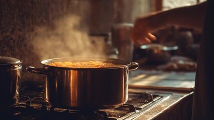 A simmering pot of orange soup on a rustic kitchen stove, with steam rising and blurred figures in the background, creating a warm, inviting atmosphere for cooking