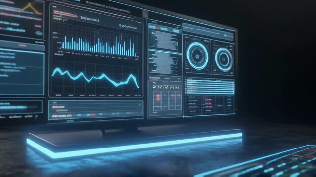 Modern computer dashboard displaying analytics charts and data graphs on multiple screens in a dark professional environment.