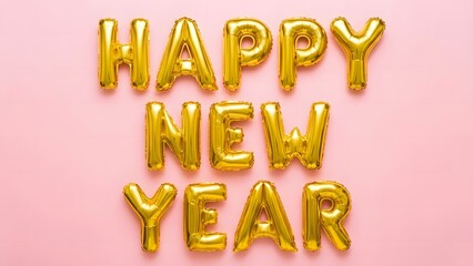 Golden foil balloon letters spelling happy new year on a soft pink background