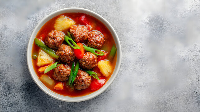 A bowl of meatballs with tomato sauce and green peppers on a white concrete table with copy space for text. Illustration of a food menu and recipe background.