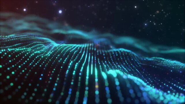 Flowing digital wave made of glowing particles forms a smooth abstract landscape, set against a dark background, representing data motion and futuristic energy fields.