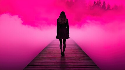 Mystical woman walking through pink fog serene lake artistic photography dreamy environment captivating viewpoint