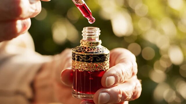 Hand dropping red liquid into ornate bottle outdoors under natural sunlight