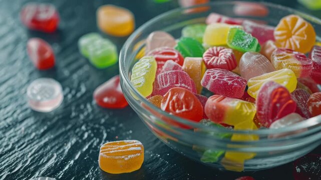 Colorful assortment of gummy candy in a bowl on a dark surface.