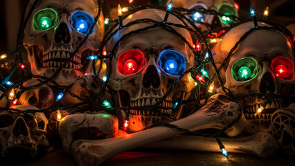 A spooky Halloween decoration featuring skulls with glowing eyes intertwined with colorful Christmas lights.