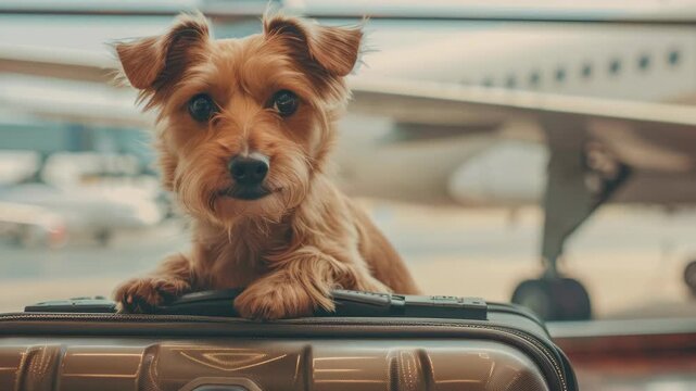 A small dog sits on a piece of luggage in an airport terminal.