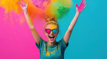 Color powder celebration joyful chaos of color at holi festival vibrant environment fun atmosphere