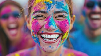 Vibrant holi celebration with smiling faces outdoor festival portraits colorful environment joyful atmosphere