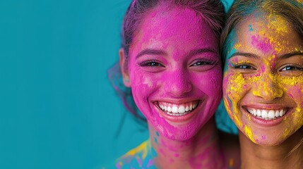 Joyful holi celebration closeup of smiling faces covered in vibrant colors outdoor portrait festive spirit