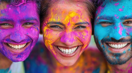 Joyful celebration of holi colors among friends outdoor festival portraits vibrant atmosphere close-up view